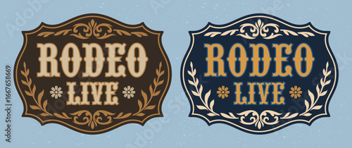 Rodeo Live belt buckle Label Cowboy bull rider engravings details Cowgirl Rustic Decor style emblem vector design