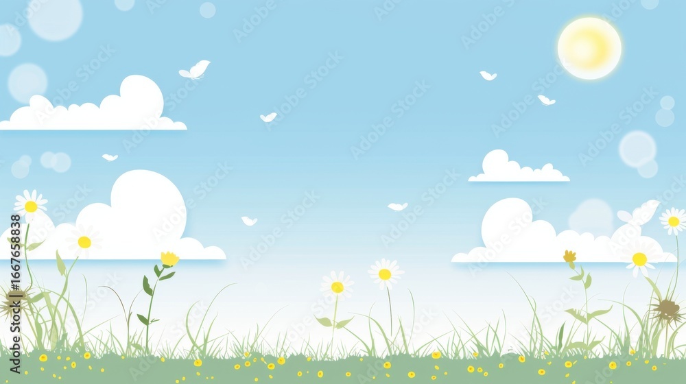 Fototapeta premium Fresh Spring Outing Wallpaper: Aesthetic Hand-Drawn Scene of Flower Sea & Blue Sky