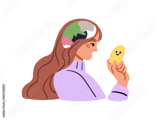 Emotional intelligence, psychology concept. Woman with happy emoji for emotions control, self-support and mood regulation. Mental health struggle. Flat vector illustration isolated on white background