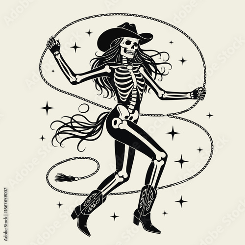 Vector illustration of Skeleton woman in cowboy hat and boots with lasso and stars female
