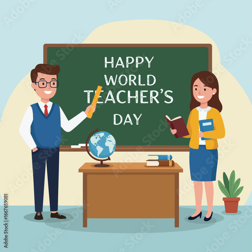 Vector illustration of Teachers with Globe and Books Celebrating World Teachers Day teaching