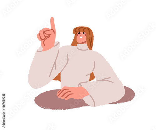 Woman looking and pointing up with finger. Happy female showing upward, gestu...