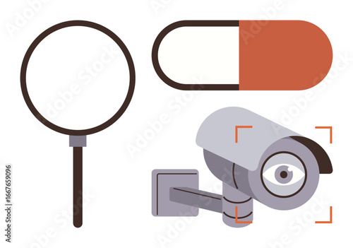 Magnifying glass, capsule, and surveillance camera suggesting investigation, healthcare, and monitoring. Ideal for themes thumbs up security, privacy, medicine, technology analysis observation