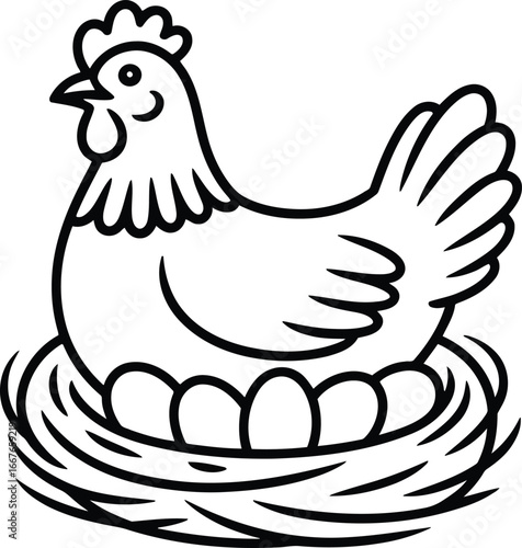 Hen sitting on eggs in a nest chicken bird