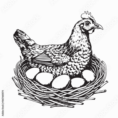 Hen laying eggs in nest farm bird poultry animal vector illustration