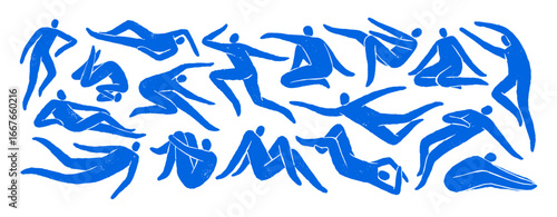 Set of human silhouettes in Matisse art style. Abstract naked people are in different poses. Nude figures, blue body shadows are in postures. Flat isolated vector illustrations on white background