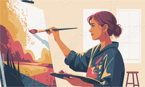 Stylized Painterly Woman Artist Painting Landscape with Brush in Studio