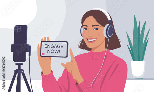 Minimalist Line Young Woman Streaming Online Content Using Smartphone Illustration