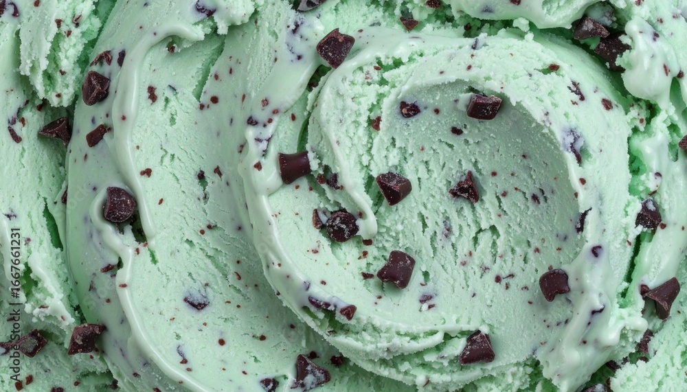 Fototapeta premium Close-up of refreshing mint chocolate chip ice cream with creamy swirls and dark chocolate chunks