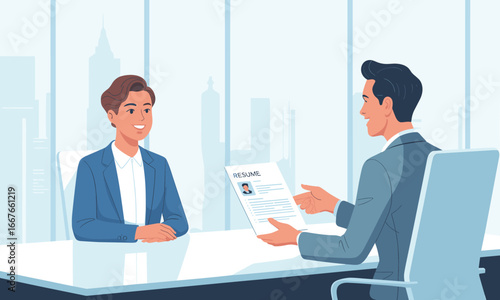Flat Illustration of Job Interview with Two Men Sitting Face to Face