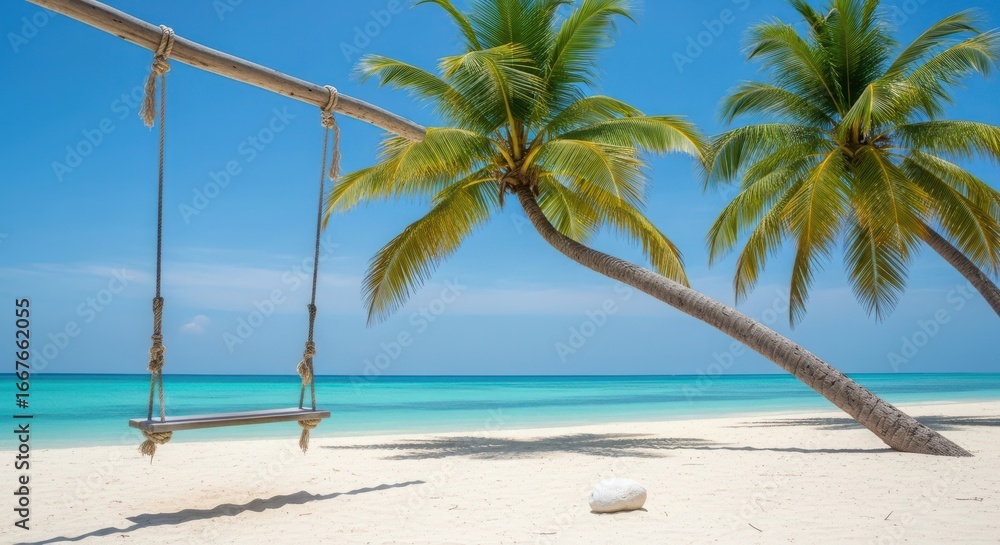 Fototapeta premium Tropical Beach Paradise with Swing and Palm Trees A Relaxing Getaway Destination for Vacation and Relaxation
