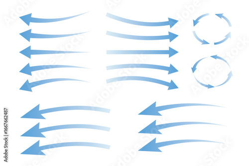 Air flow. Set of blue arrows showing direction of air movement. Wind direction arrows. Blue cold fresh stream from the conditioner.