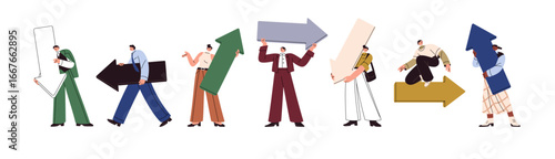 People are pointing direction with big arrows set. Men and women hold pointers of route. Characters with signposts, guide signs in hands show way, path. Flat isolated vector illustrations on white