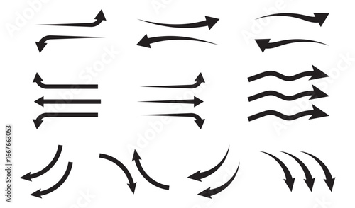 Vector arrows set showing curves and motion. air flow arrows showing wind circulation and ventilation. Collection of vector arrows with curved, wavy, and dynamic designs representing flow, rotation