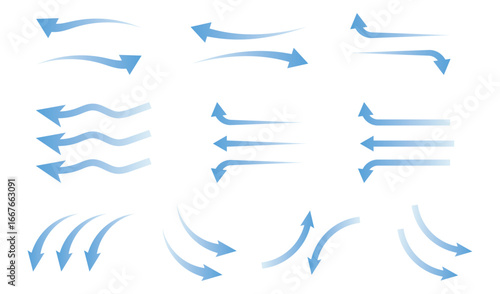 Air flow arrow. Set of blue arrows showing direction of air movement. Air flow isolated on white background.