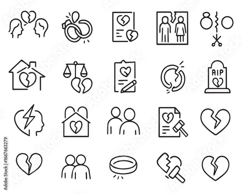 Set of outline icons related to divorce. Linear icon collection