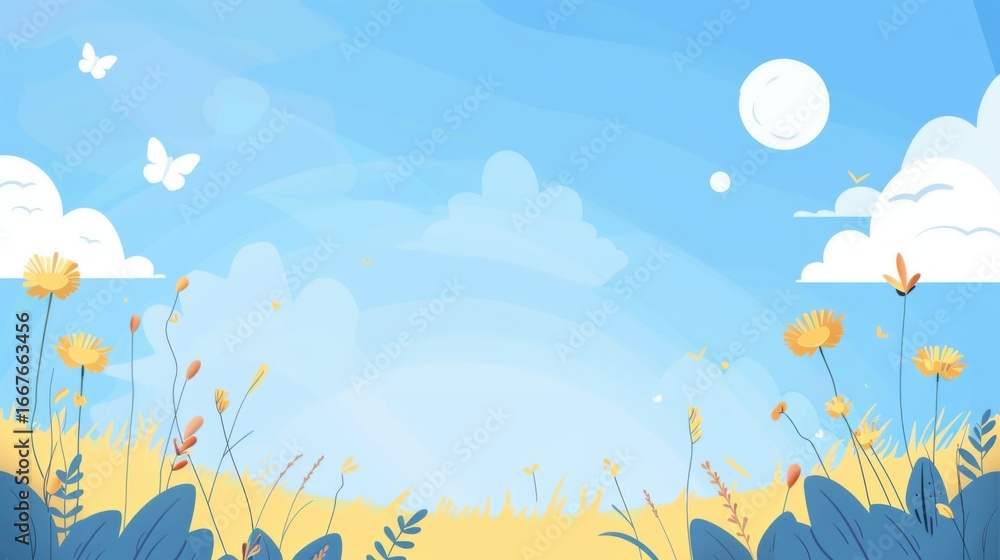 Obraz premium Fresh Spring Outing Wallpaper: Aesthetic Hand-Drawn Scene of Flower Sea & Blue Sky