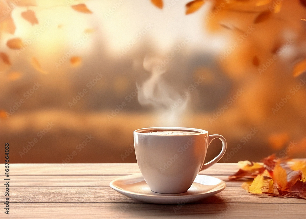 Obraz premium Photorealistic shot of coffee cup with steam, cozy autumn atmosphere, wooden table, copy space for business ads