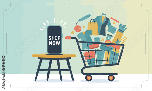 Colorful Hand Drawn Shopping Cart Full of Products and Smartphone Illustration