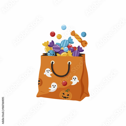 Halloween trick or treat candy bag icon vector in cute cartoon style. Perfect for spooky night posters, party invitations, seasonal decorations, kids Halloween events, and holiday graphics.
