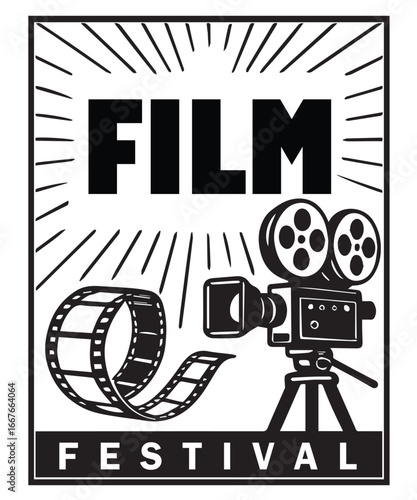Modern vector artwork in black and white created for film festival promotional poster, banner, flyer, featuring cinematic themes, illustrated with neat black outlines.