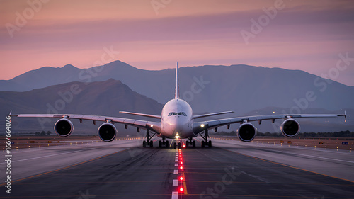 Airbus A380 on runway at dawn with mountain backdrop