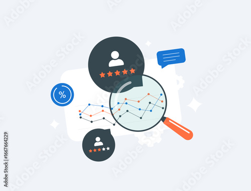 Customer analysis tools with advanced user behavior insights. Customer feedback analytics helping brands improve service quality and business decisions. Modern flat style vector illustration