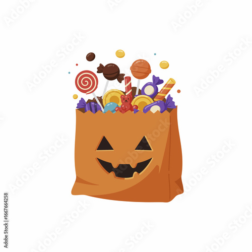 Halloween trick or treat candy bag icon vector in cute cartoon style. Perfect for spooky night posters, party invitations, seasonal decorations, kids Halloween events, and holiday graphics.