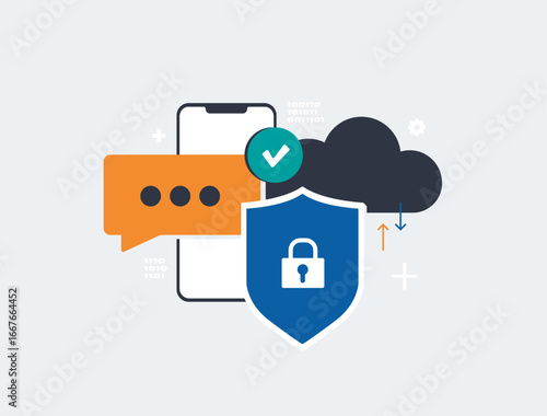Security concept with smartphone, cloud storage, encrypted communication and shield lock icon representing data protection, safe online messaging and cybersecurity awareness. Vector illustration