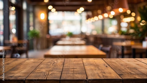 interior of a restaurant in the evening. interior of restaurant. interior of the church. empty rustic wood table and blurred soft light tabel