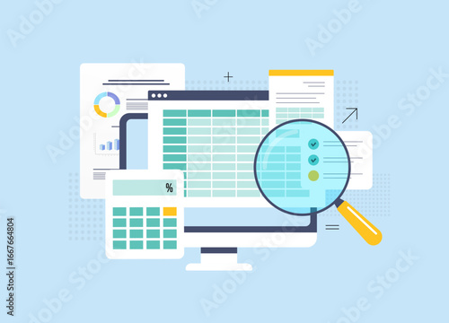 Accounting concept with computer monitor, spreadsheets, financial reports and magnifying glass symbolizing bookkeeping, audit, tax preparation and business performance review vector illustration