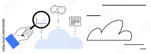 Hand with magnifying glass analyzing data charts over cloud, puzzle piece, and calendar icons. Ideal for cloud storage, data analysis, integration, planning, organization, collaboration simple