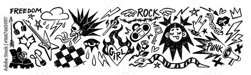 Doodle graffiti in punk style set. Scribble sketches of skulls, flame, eye, skeleton. Grunge tattoos with rock signs, design elements. Hand drawn isolated vector illustrations on white background