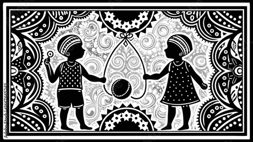 Black and white illustration of two children playing jump rope with decorative floral and geometric elements around them silhouette