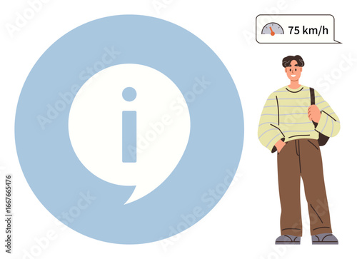 Male figure holding bag, speech bubble with 75 kmh speedometer icon, blue info icon in bubble. Ideal for transportation, navigation, travel safety, information sharing, simplicity, data