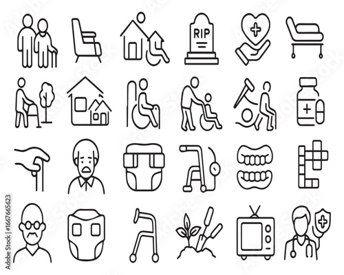 Set of outline icons related to elderly. Linear icon collection