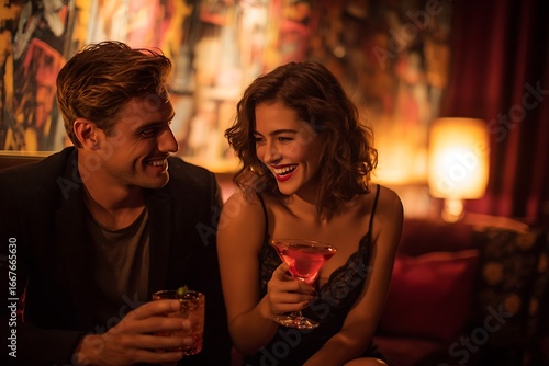 Attractive couple enjoying vibrant cocktails and warm conversation in a stylish bar lounge, ideal for lifestyle advertising and romantic date concepts