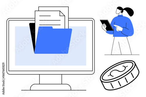 Computer screen with folder and documents, woman with tablet, coin, symbolizing digital file management, personal data storage. Ideal for technology, workflow, finance, education cybersecurity