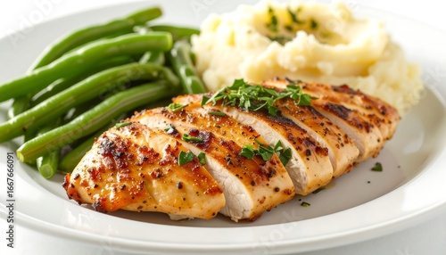 Sliced grilled chicken breast with mashed potatoes and green beans