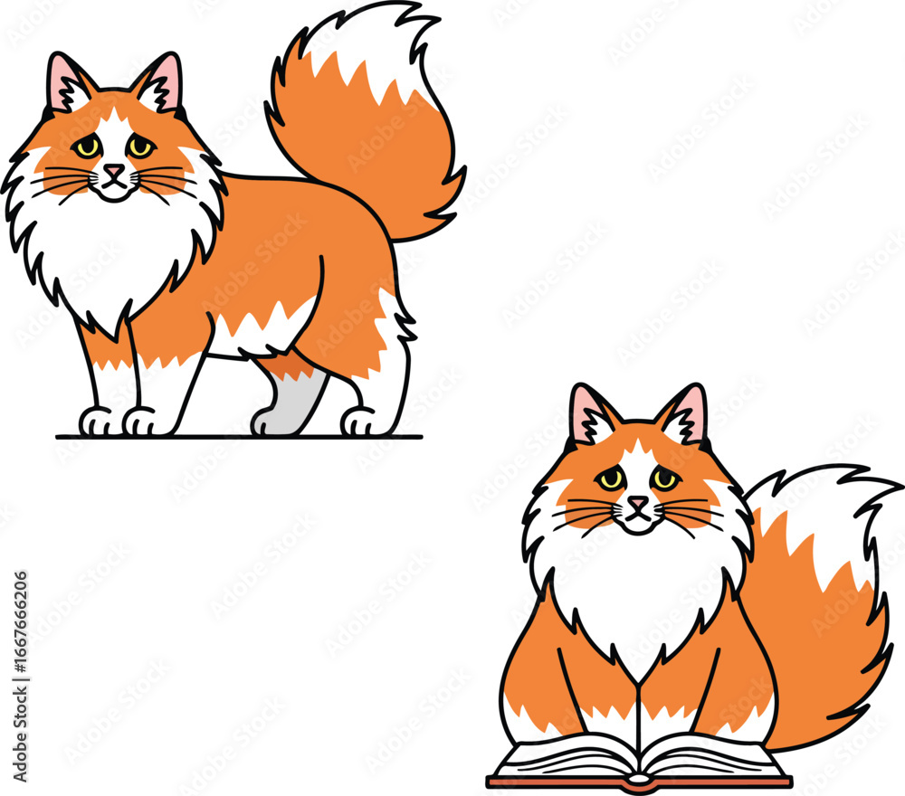 Obraz premium Orange white fluffy cat standing and sitting with book vector