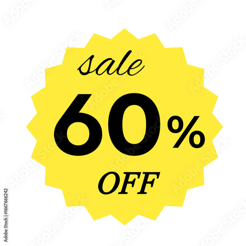 Yellow sale tag with 60 percent discount offer badge on black background, promotional marketing label, special price sticker, clearance sale banner, discount shopping sign, retail store promotion