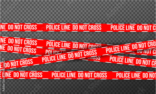 Red police line tape with text DO NOT CROSS. Ideal for crime scene backgrounds, safety warnings, security barriers, or design projects requiring a restricted access or danger zone element.
