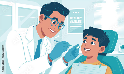 Flat Illustration Dentist Examining Boy Patient With Tools Dental Healthcare