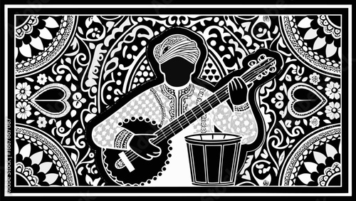 Monochrome illustration of a musician playing a stringed instrument with floral background motifs silhouette