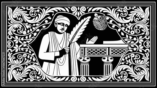 Illustration of a man with a feather pen standing near a table in an ornate floral frame design silhouette