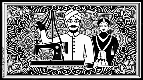 Illustration of a tailor with a sewing machine and a woman in a decorative frame design style silhouette