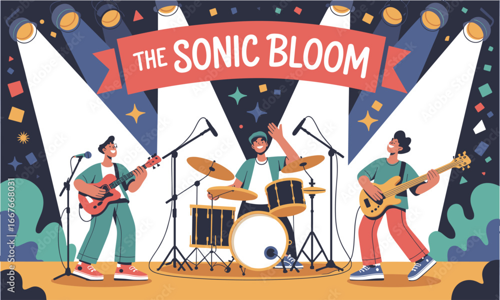 Obraz premium Cartoon Handdrawn Band Performance on Stage with Musical Instruments Illustration