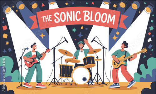 Cartoon Handdrawn Band Performance on Stage with Musical Instruments Illustration