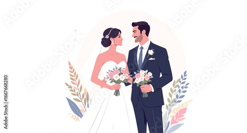 Elegant Flat Style Romantic Couple Wedding Portrait Illustration