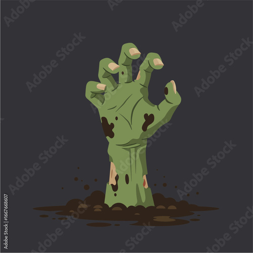 Halloween zombie hand rising from the ground icon vector in spooky cartoon style. Perfect for scary night posters, horror party invitations, decorations, and seasonal holiday graphics.